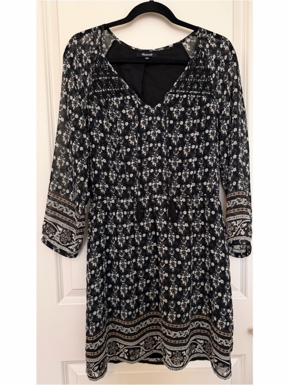 Madewell Black and White Floral Border-Print Long Sleeve Dress Size 6